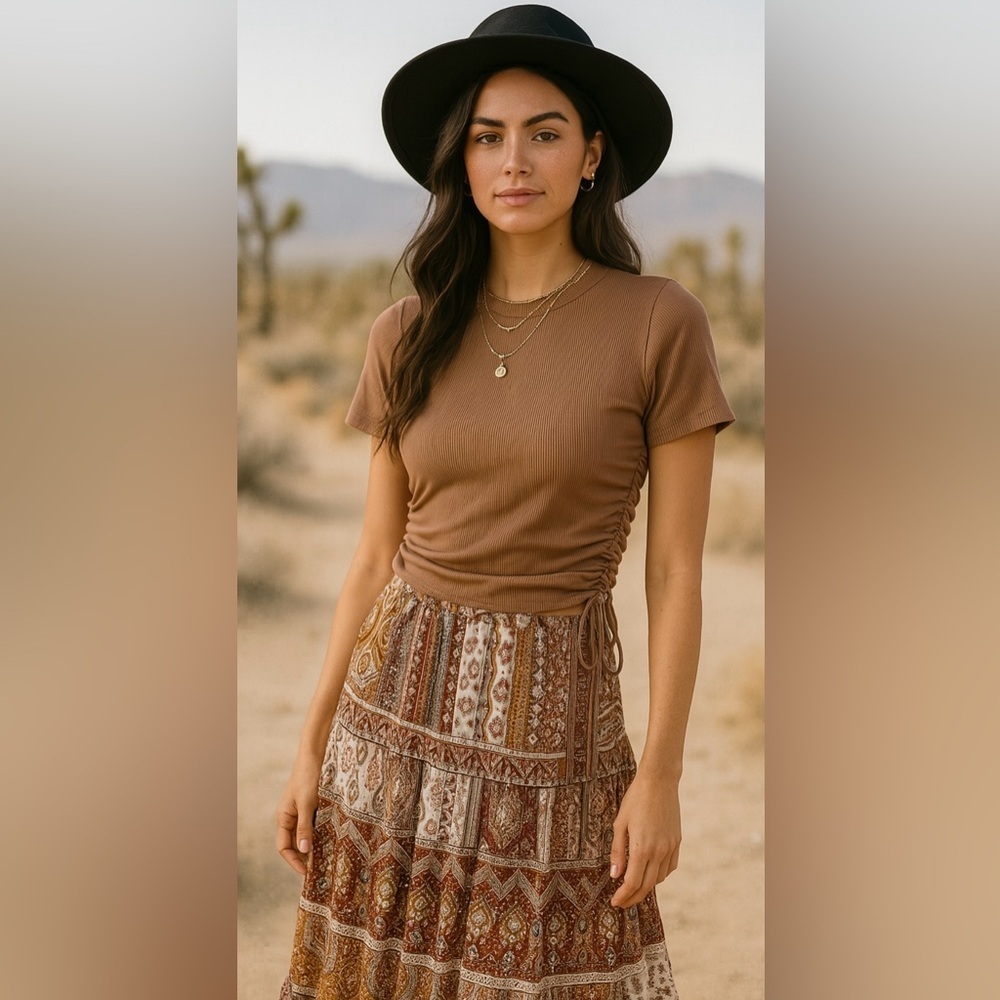 Zara Ribbed Ruched Side Tie Crop Top Brown Stretch Short Sleeve Fitted Large